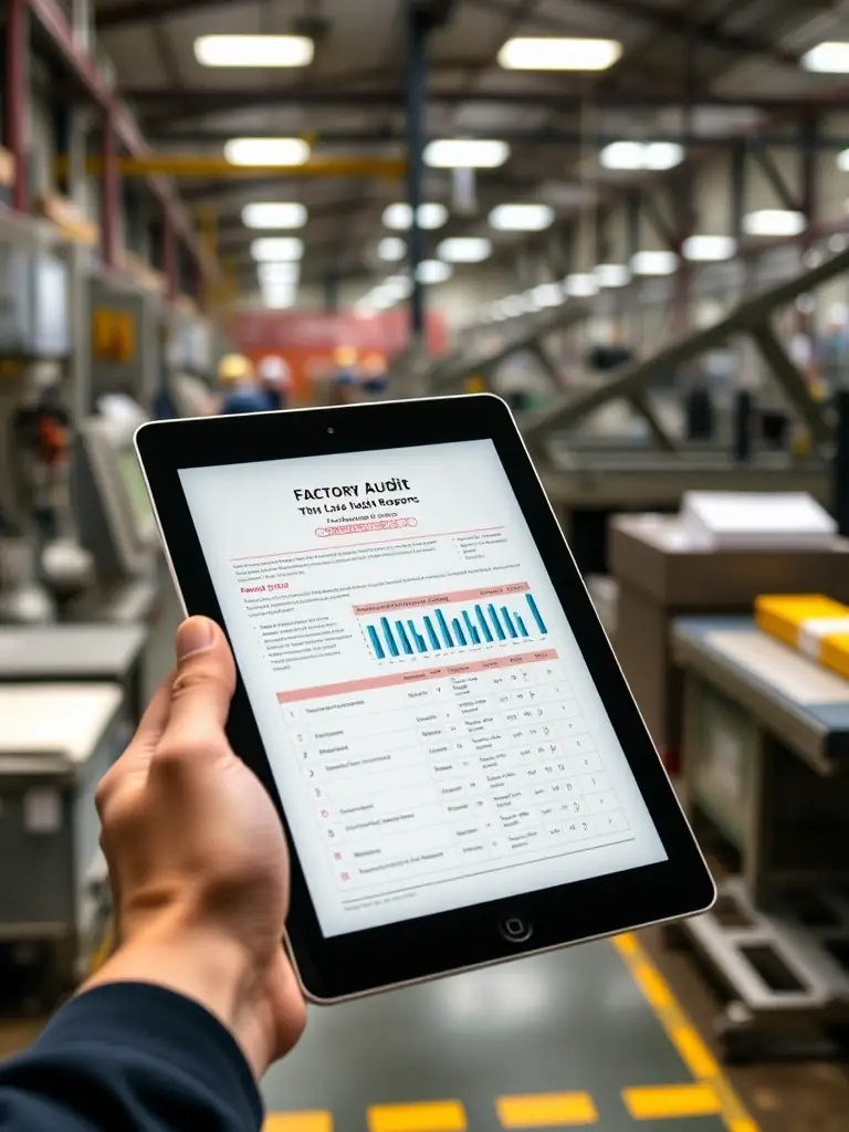 An image of a tablet displaying a real-time factory audit report, emphasizing transparency and quality control in the furniture manufacturing process.