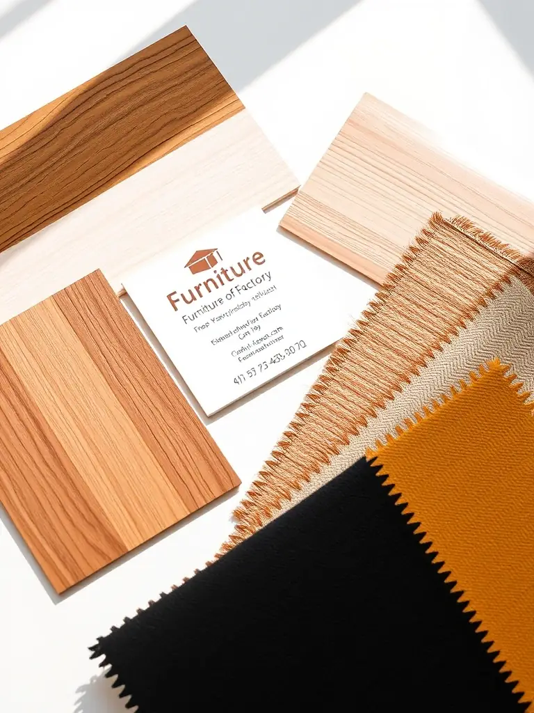 A photograph of a furniture sample kit, neatly arranged with various wood finishes and fabric swatches, presented by Furniture of Factory. The kit includes a card with the company's logo and contact information.