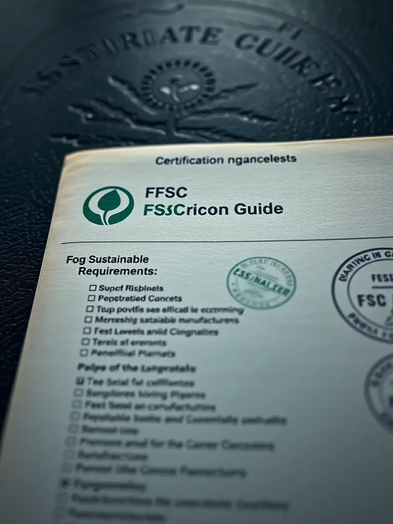 A detailed guide cover showcasing FSC certification requirements for sustainable furniture manufacturing, including a checklist of necessary documents and steps.