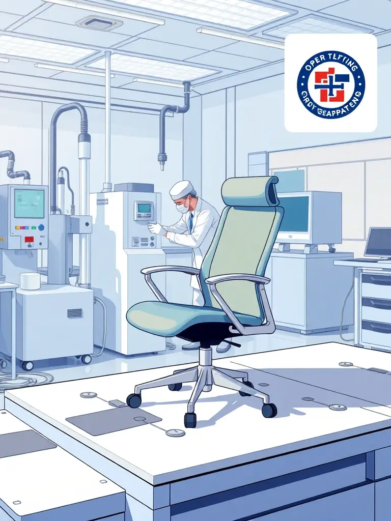 A visual representation of BIFMA standards, showing a chair undergoing rigorous testing in a lab setting. The Furniture of Factory logo is displayed in the corner, indicating partnership.