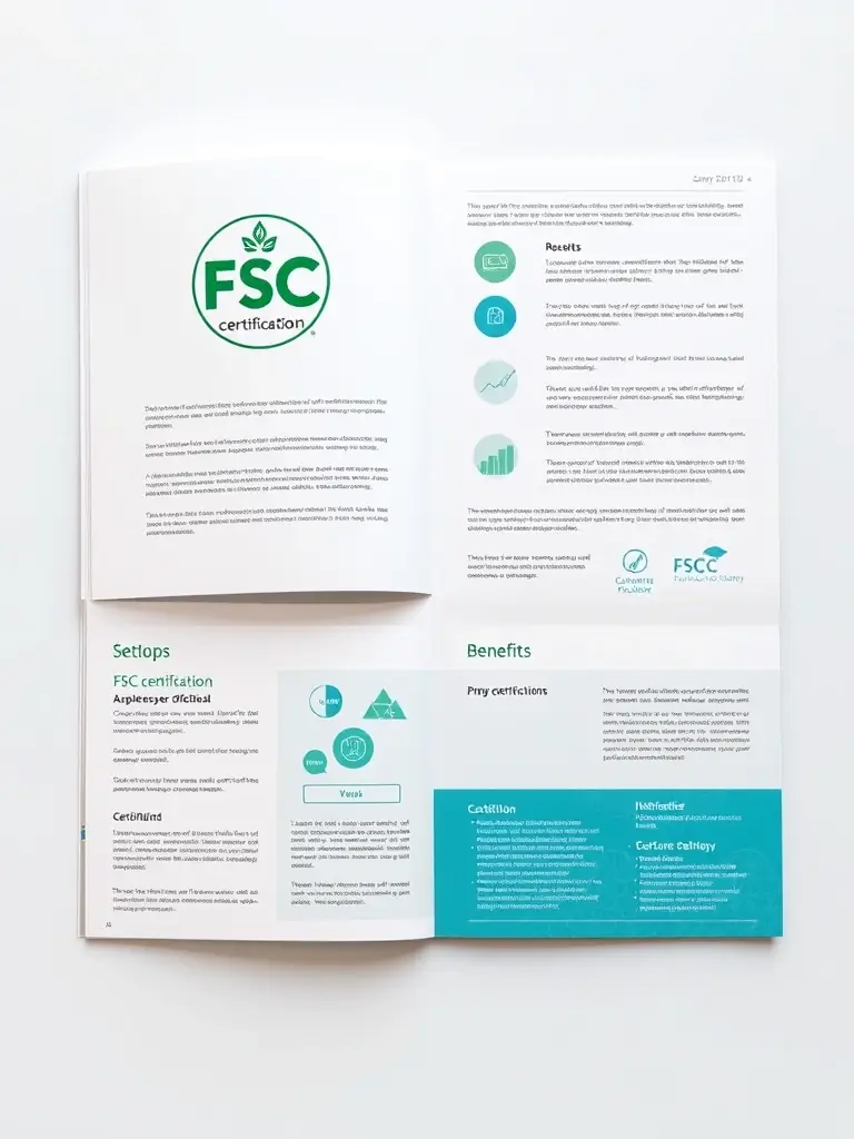 A detailed guide cover for FSC certification, showcasing the Furniture of Factory logo and the title 'FSC Certification Guide for Sustainable Furniture Sourcing'. The guide is open, revealing key steps and benefits.