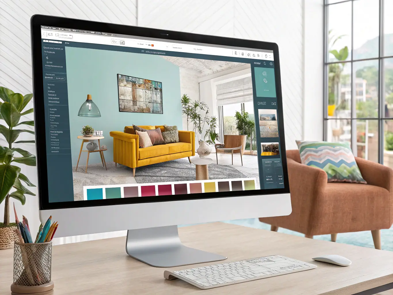 A visually appealing image of a 3D furniture configurator in action, showcasing the ability to customize designs and visualize products in real-time, emphasizing the platform's innovative features.