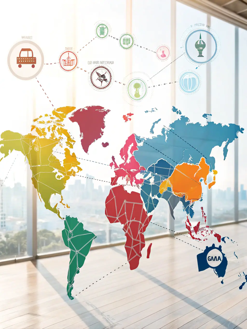 A graphic illustrating data points connecting furniture buyers and manufacturers globally, symbolizing the platform's extensive network and reach.