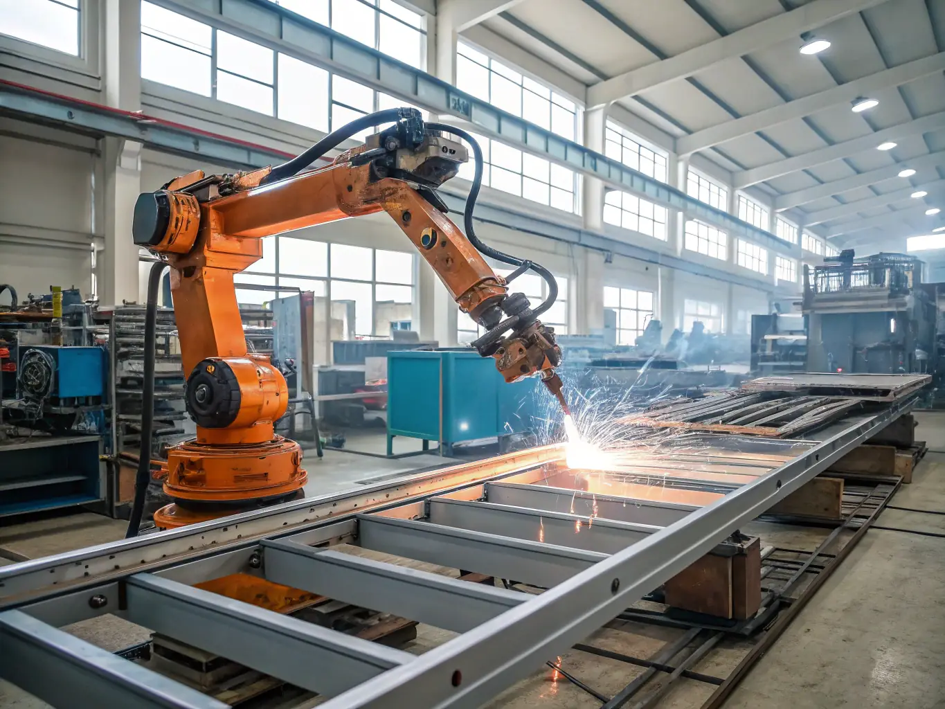 A modern RTA furniture factory interior with automated assembly lines, showcasing efficiency and technological advancement in furniture production.