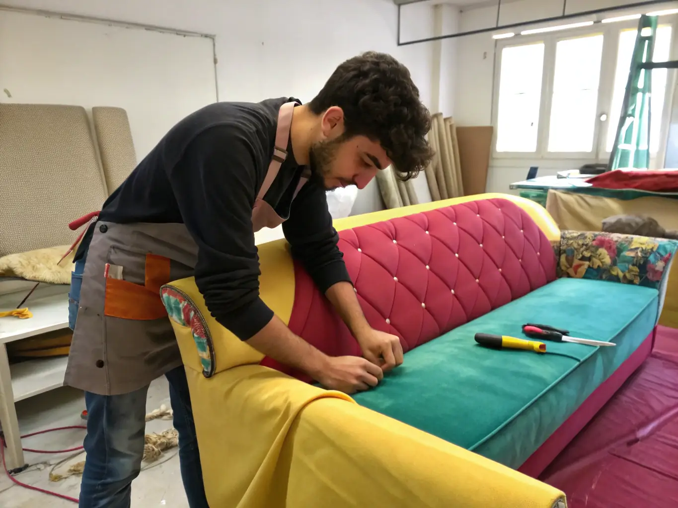 A close-up shot of high-quality upholstery being applied to furniture frames, emphasizing the craftsmanship and attention to detail in upholstery production.