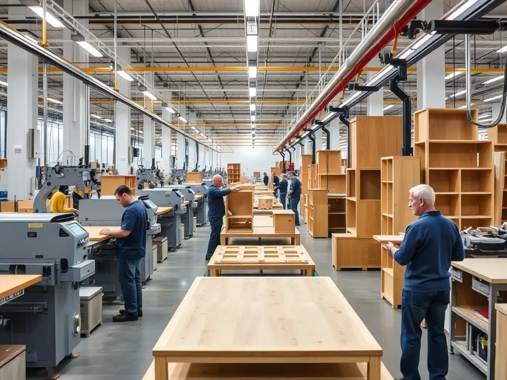 A bustling furniture factory in Vietnam, with workers assembling custom furniture designs. The factory is equipped with advanced 3D configurators for efficient customization.