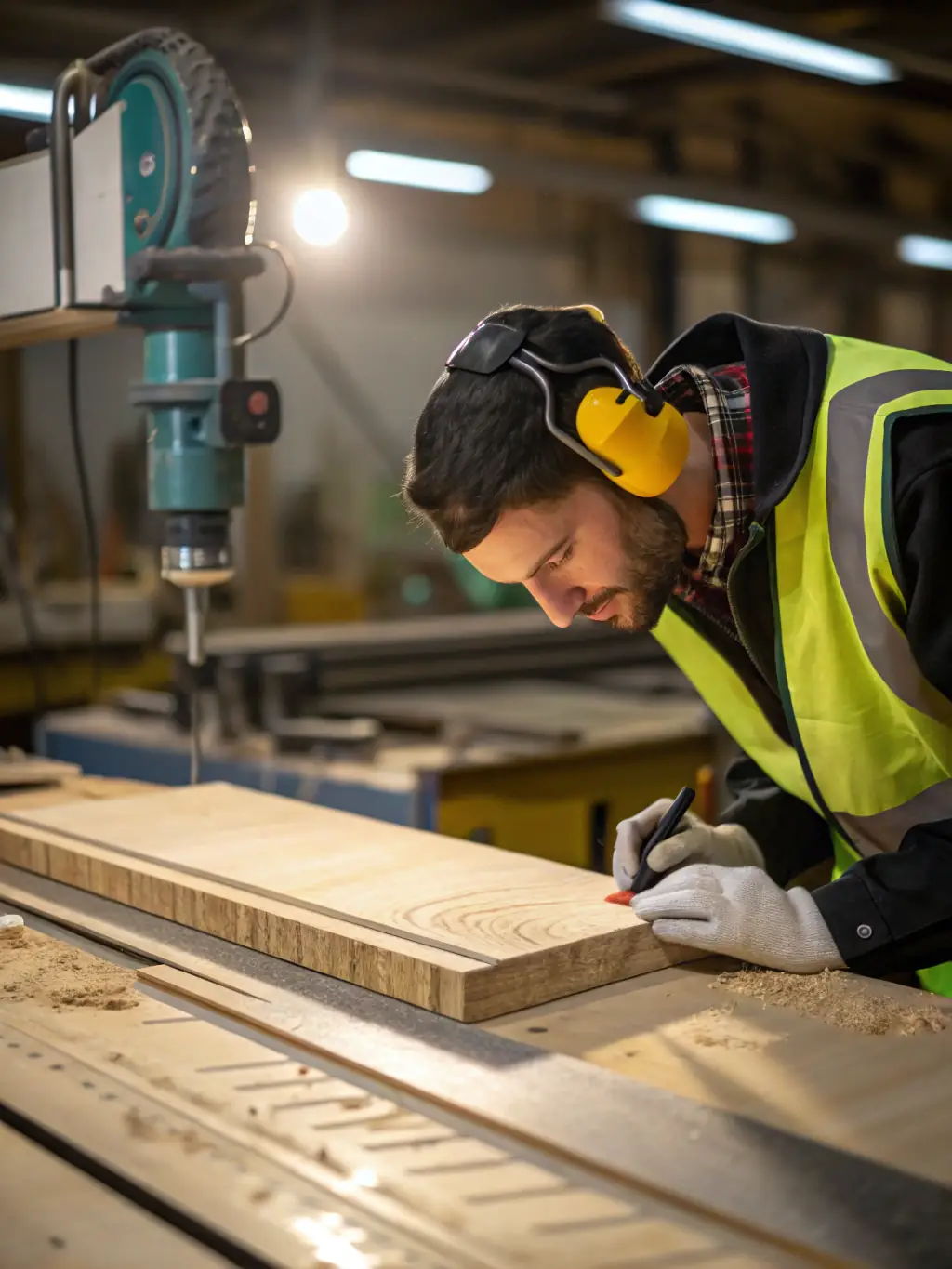 A photo of a factory audit being conducted by FurnitureofFactory.com's quality control team, showing the inspection of RTA furniture components and manufacturing processes.