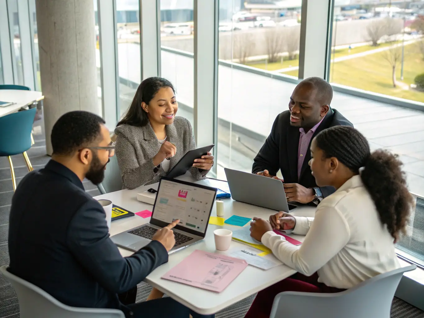 A professional photograph showcasing a diverse team of furniture buyers collaborating in a modern office setting, reviewing product samples and discussing sourcing strategies, emphasizing the collaborative and efficient nature of the platform.