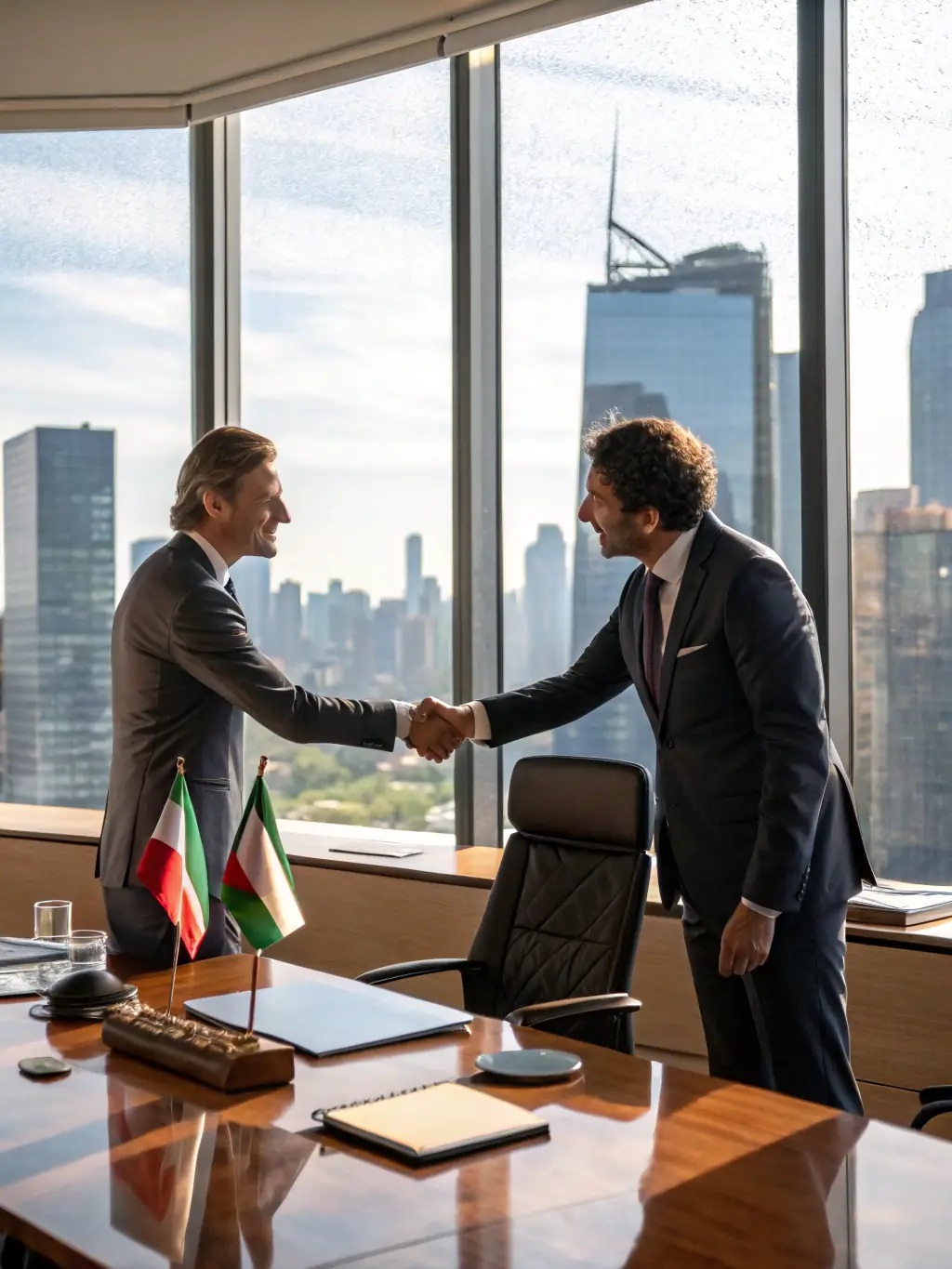 A graphic illustrating a negotiation table with two figures representing a buyer and a manufacturer, shaking hands. The Furniture of Factory logo is subtly placed in the background.
