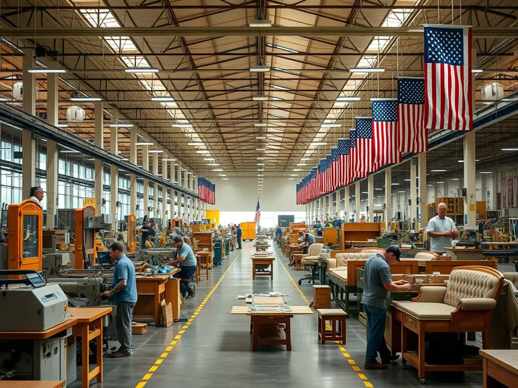 A well-lit upholstery factory in North Carolina, with skilled workers crafting high-quality upholstery for residential and commercial furniture. The factory is ISO compliant and has export capabilities.