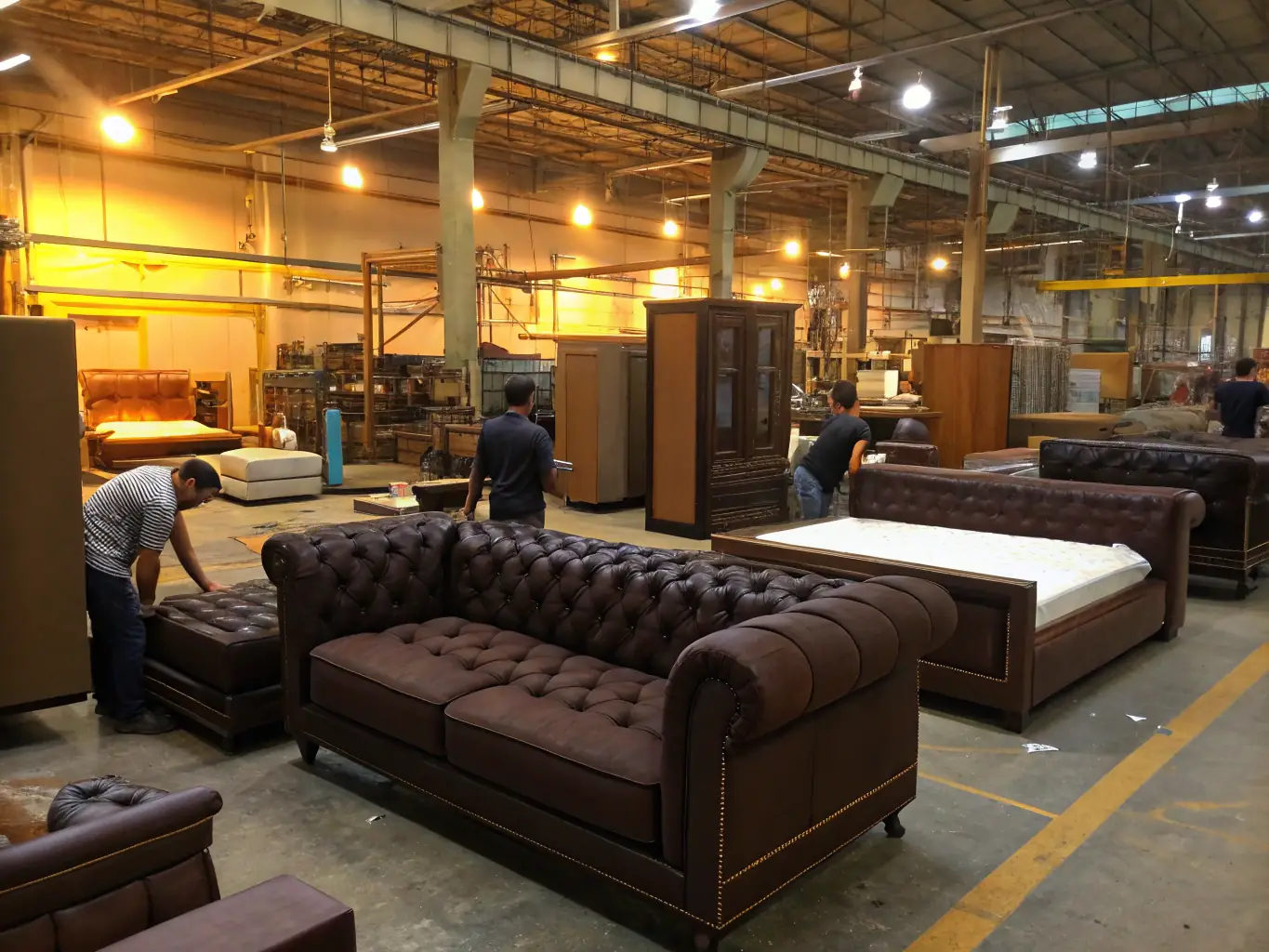 A wide-angle shot of a modern furniture factory in Shenzhen, China, showcasing advanced machinery and a clean, organized production line. The factory is producing RTA furniture with sustainable materials.
